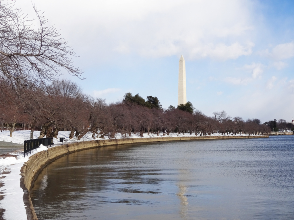 Washington, DC in the winter along the river with the Washington Monument in the background. 