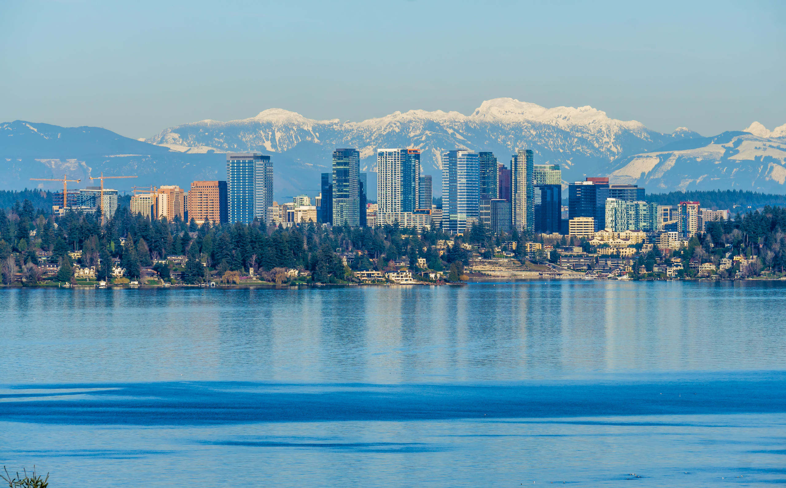 Bellevue in the winter with snowy mountains. 