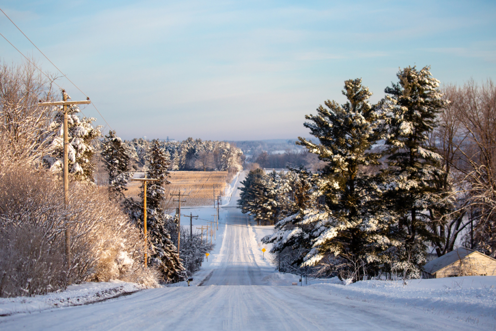 Wisconsin winter snow covered road.